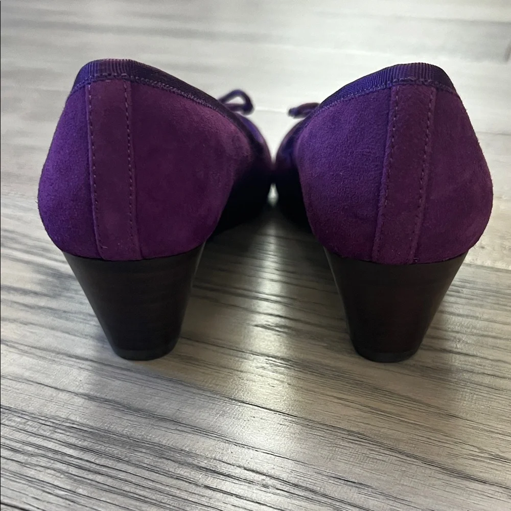 Tory Burch Suede Wedge Pumps with bow and logo charm